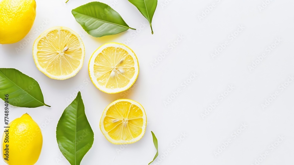 Poster generative ai : whole and half sliced lemon with green leaves isolated on white background. top view
