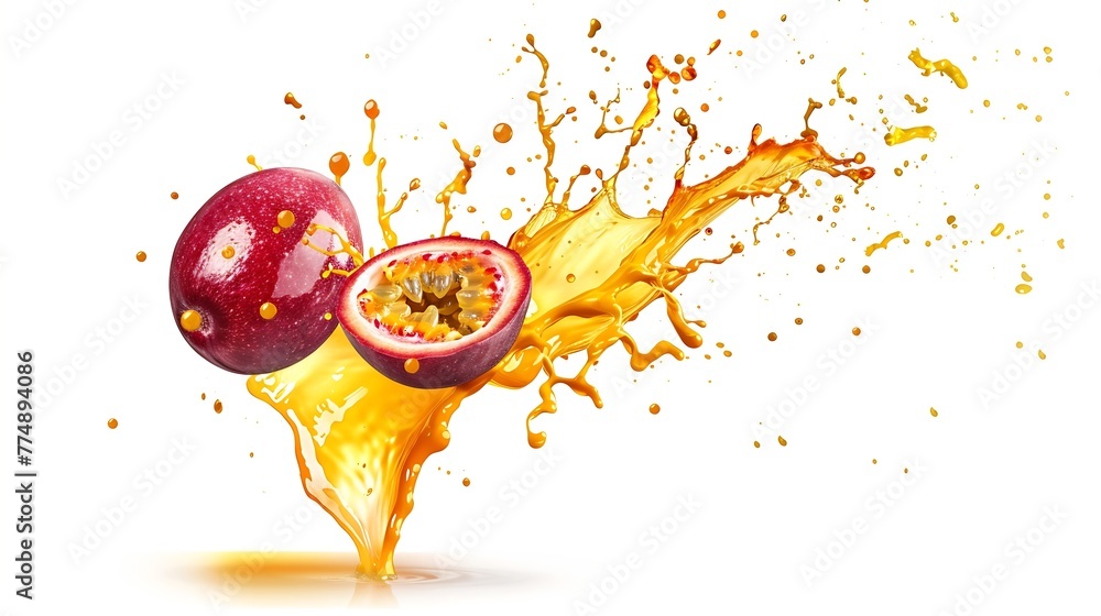 Aufkleber generative ai : red passion fruit with passionfruit juice splash flying in the air isolated on white