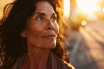 Portrait of a middle-aged woman with freckles on her face