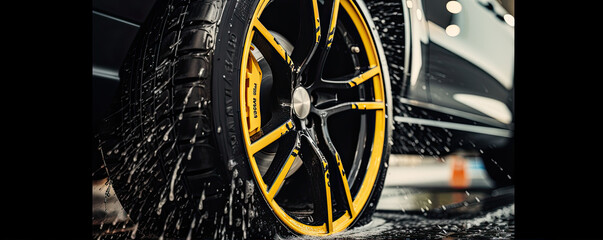 Yellow modern car in carwash. Sport car cleaning, wheel detail.