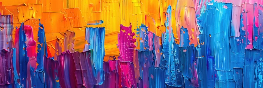Close-up of an abstract, rough, colorful art painting texture reminiscent of a vibrant city skyline at sunset, real photo
