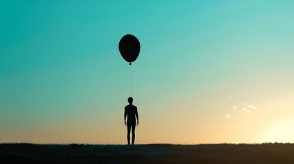 Generative AI : Silhouette of a man with a balloon, an aerostat as a symbol of freedom of thought. Concept , idea on the theme of travel, voyage, psychology, 