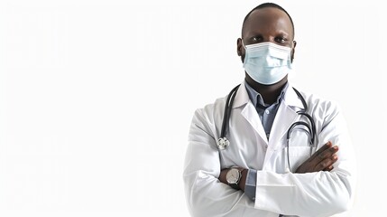Generative AI : African american doctor in a medical mask over white background with copy space. Medicine, healthcare and people concept. - Powered by Adobe