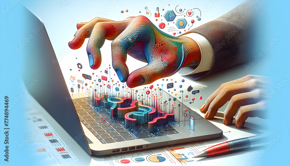 Poster 3d flat icon as creative coding hand a hand coding creative solutions on a laptop with abstract grap