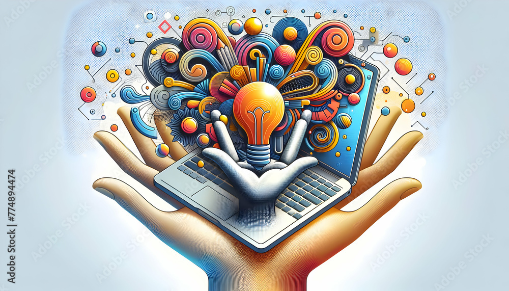 Poster 3d flat icon as creative coding hand a hand coding creative solutions on a laptop with abstract grap