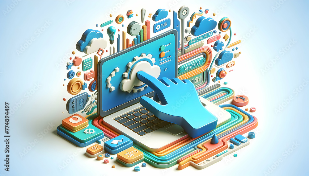 Aufkleber 3d flat icon as creative command hand on laptop with abstract command lines for creative software so