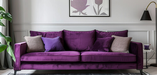 Royal plum purple sofa enhancing the serene ambiance of a Scandinavian home with a white wall.