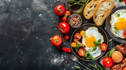 Generative AI : Fried eggs and sausage with bread and fresh vegetables. Hot and healthy breakfast, top view, flat lay - Powered by Adobe