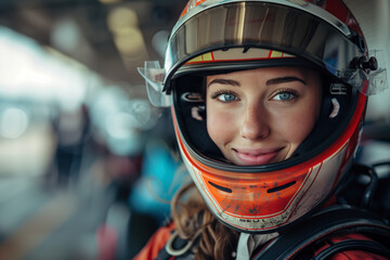Woman in race driver suit at track
