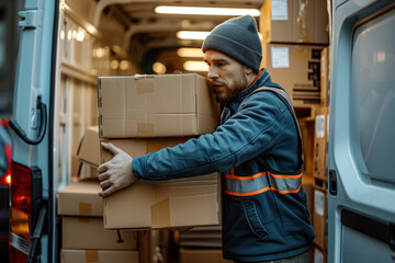 Delivery worker loading boxes into van