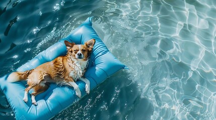 Generative AI : dog on blue air mattress in refreshing water