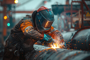 Factory employee engaged in welding tasks - obrazy, fototapety, plakaty