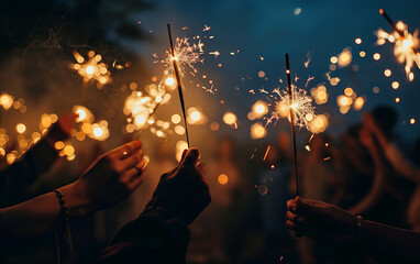 A group of people are holding lit candles and fireworks