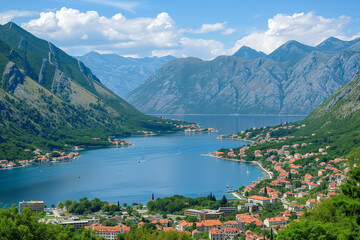 Fototapeta premium A beautiful mountain lake with a town on the shore