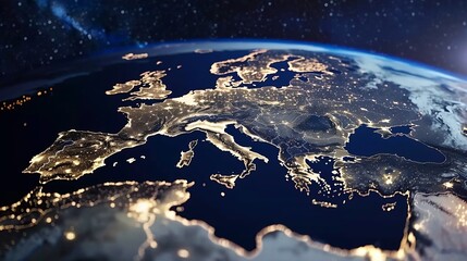 Generative AI : Beautiful planet earth with night city lights. Europe and Africa at night viewed from space with city lights showing human