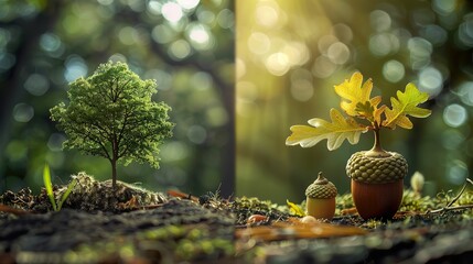 Acorn, small seed, evolving into a mighty oak tree, standing tall in a forest, symbolizing the cycle of life and the passage of time Photography, backlighting, vignette, Split screen view - obrazy, fototapety, plakaty