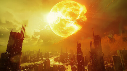 A blazing sun looms over a city, streets melt under a heatwave, futuristic cooling towers struggle
