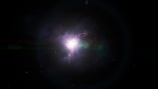 A galaxy with a purple hue in the center of which is a bright supernova.