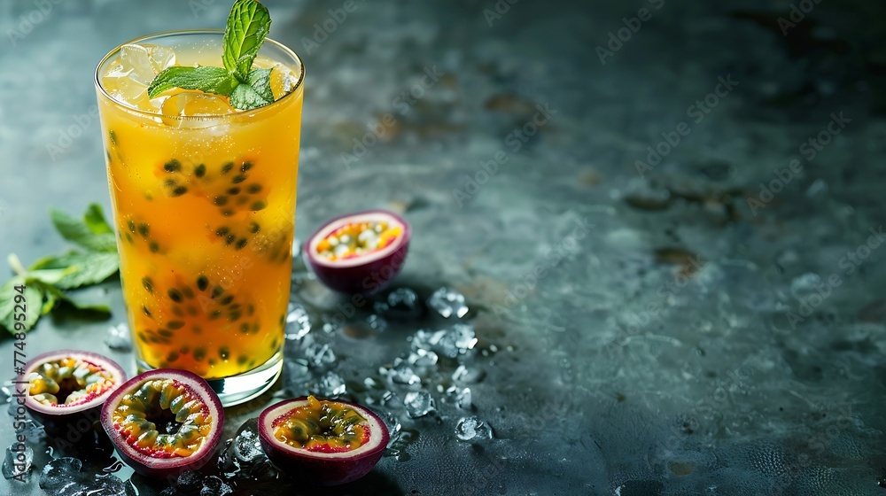Poster generative ai : refreshing passion fruit drink with mint and vodka.