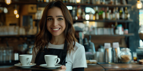 Working staff in restaurant and bar. Beautiful latin waitress is smiling and holding tray with coffee mugs. - 774895251