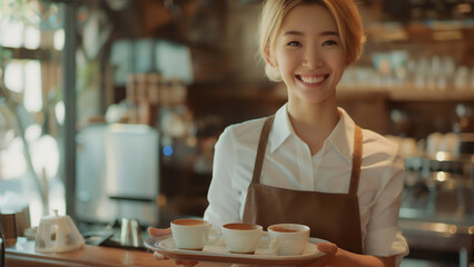 Waitress works at coffee shop. Asian young woman is smiling and holding tray with coffee cups in cafe. - 774895277