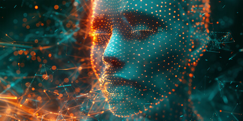 Artificial intelligence technology or biometric data concept. Woman face shown in computer generated image with lot of dots. - 774895290