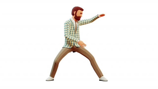 3d man in wushu stance makes passes with his hands. Wushu fighting stance. 3d looped animation with alpha channel