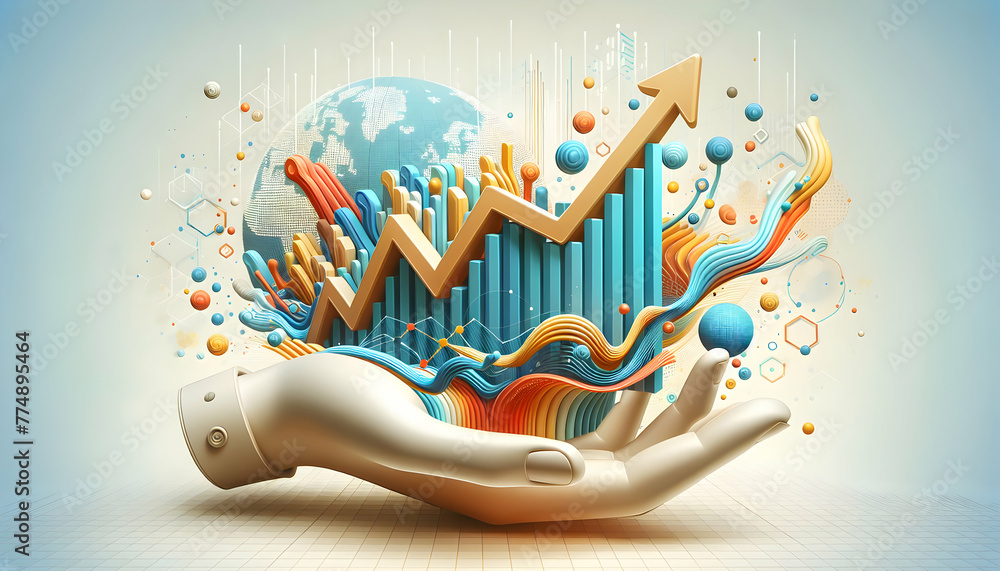 Poster 3d flat icon as financial fusion a financial chart merging with abstract art depicting the fusion of