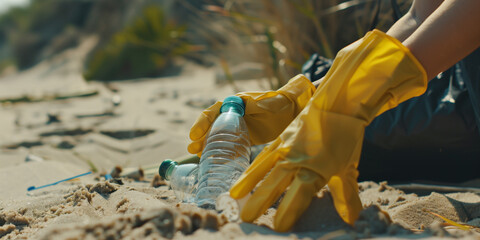 Volunteer picking up plastic trash on beach. - 774895412