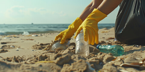 Volunteer picking up plastic bottles on beach. Problem of environmental pollution by trash and its recycling. - 774895471