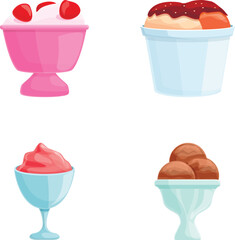 Ice cream icons set cartoon vector. Ice cream in various flavor and topping. Sweet food