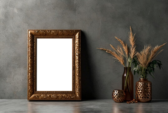 Empty boho style photo frame on concrete background. Isolated white light wood frame layout horizontal signage for artwork, lettering or logo. Copyright space for site