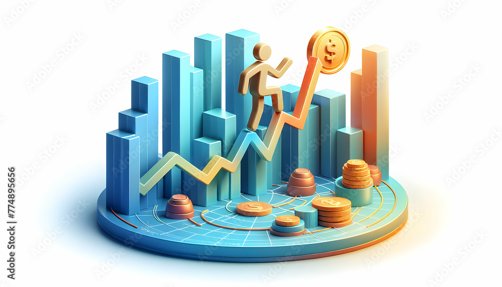 Poster 3d flat icon as financial surge a chart depicting a sharp increase with abstract tech elements. in f