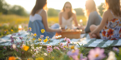 Friends having picnic and enjoying summer outdoors. - 774895645