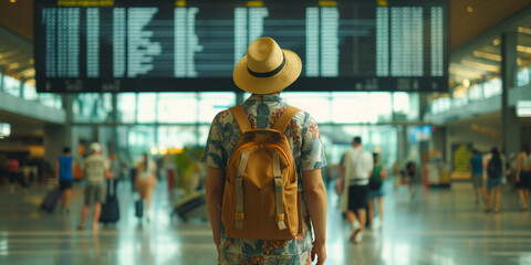 Traveler person standing in busy airport terminal and looking at departure board, waiting for his flight. - 774895818