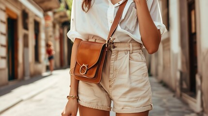 Generative AI : Street style fashion details, tanned woman wearing linen shorts, white shirt, brown leather bag and clear beige sunglasses, - Powered by Adobe