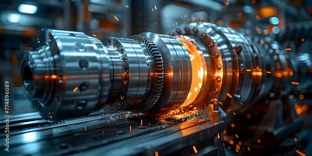 Poster inside a cnc machining factory: steel turbine part in production demonstrates metal machine tools in