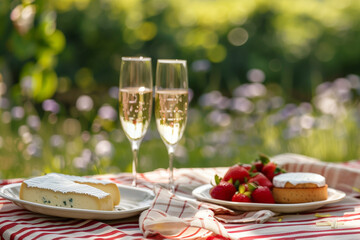 Summer picnic with sparkling wine, strawberries and cheese. - 774896038