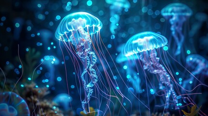 Luminous jellyfish glowing tendrils - obrazy, fototapety, plakaty