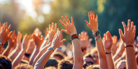 Crowd of people are at summer open air concert. People holding their hands up at live music performance. - 774896078