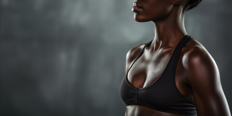 Fitness, gym and workout concept. Toned body of african sportswoman.