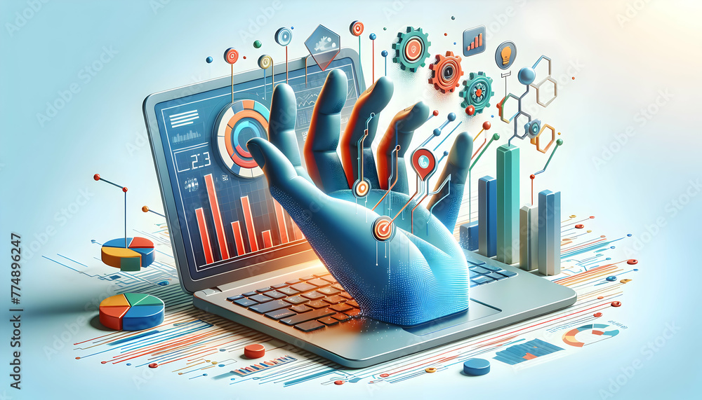 Poster 3d flat icon as hand led tech trends a hand leading the way in tech trends with a laptop and abstrac