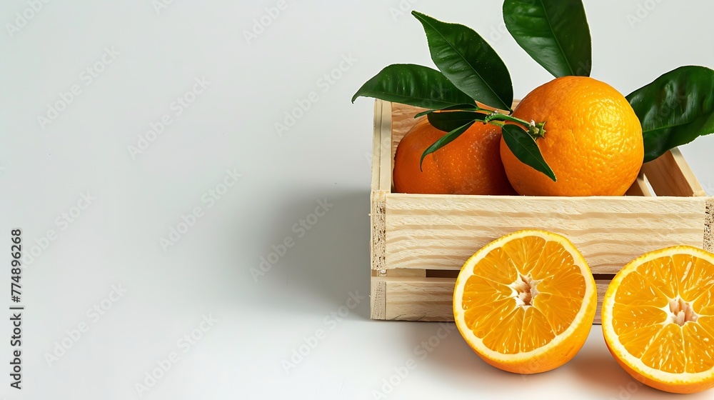 Poster generative ai : orange fruit with half slice and green leaves in wooden box isolated on white backgr