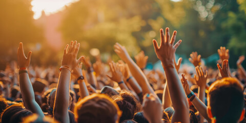 Summer musical festival. Crowd of people are at open air concert. People holding their hands up at live music performance. - 774896254