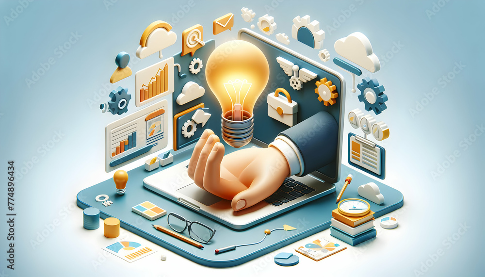 Poster 3d flat icon as idea incubator hand on laptop with icons representing idea development and growth. i
