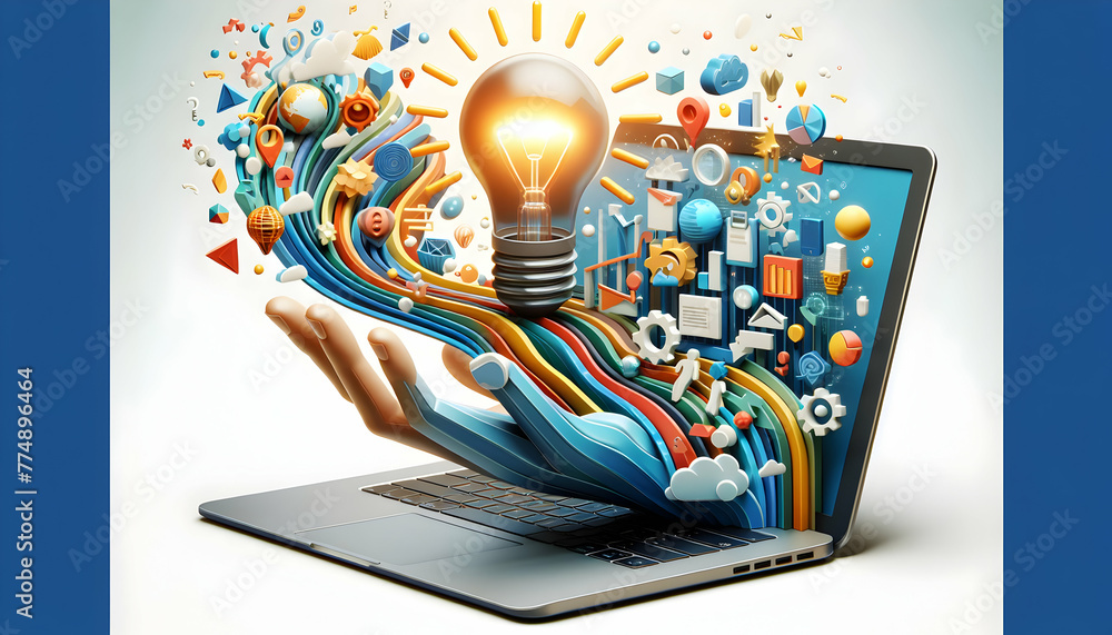 Poster 3d flat icon as innovation stream hand guiding a stream of abstract innovation icons on a laptop scr