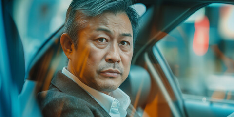 Confident businessman sitting in car. Mature asian man in suit sitting in taxi. - 774896439