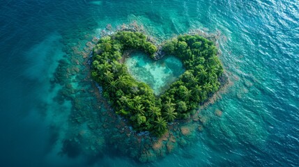 A heart-shaped tropical island paradise in the open ocean