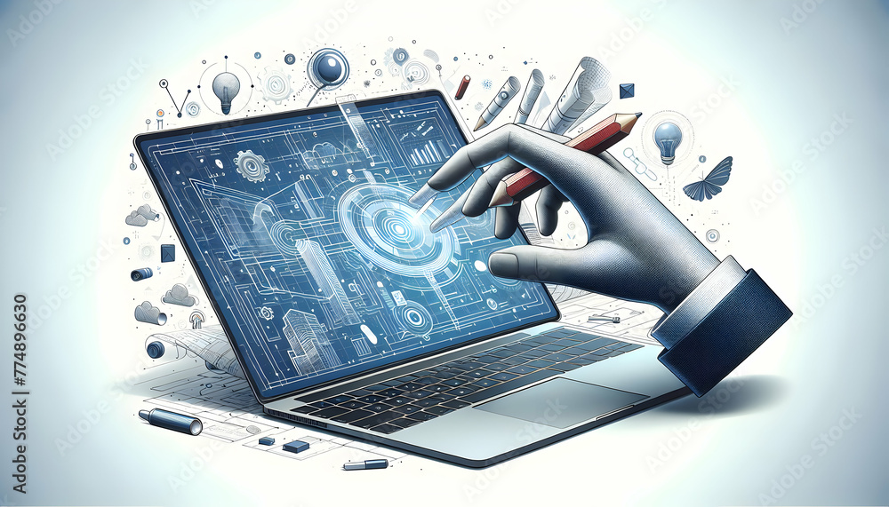 Poster 3d flat icon as interactive blueprint hand interacting with a laptop displaying an abstract blueprin