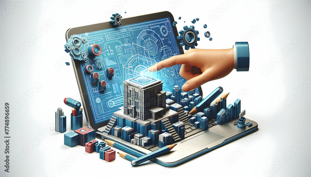 Poster 3d flat icon as interactive blueprint hand interacting with a laptop displaying an abstract blueprin